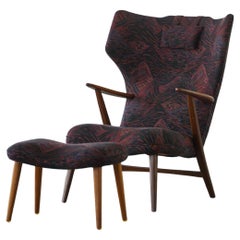 Madsen & Schubell, Sessel mit Ohrensessel und Hocker aus Teakholz, neu gepolstert, 1950er Jahre