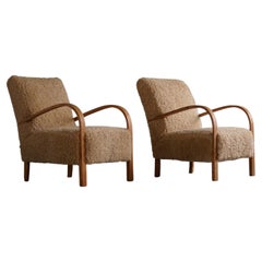 Fritz Hansen, Pair of Danish Curved Art Deco Lounge Chairs, Reupholstered, 1940s