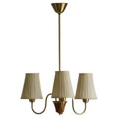 Swedish Mid Century Modern, 3 Arm Chandelier, Brass & Silk Shades, 1950s