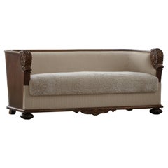 Antique Empire Style Sofa, Oak Wood with Striped & Lamswool Upholstery, 1850s