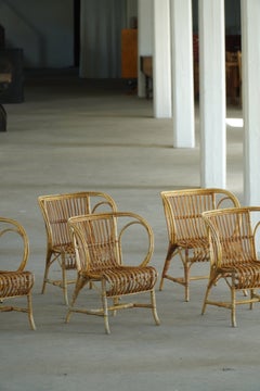 Stile moderno danese, set di 6 sedie da pranzo in bambù/rattan di Robert Wengler, anni ’30