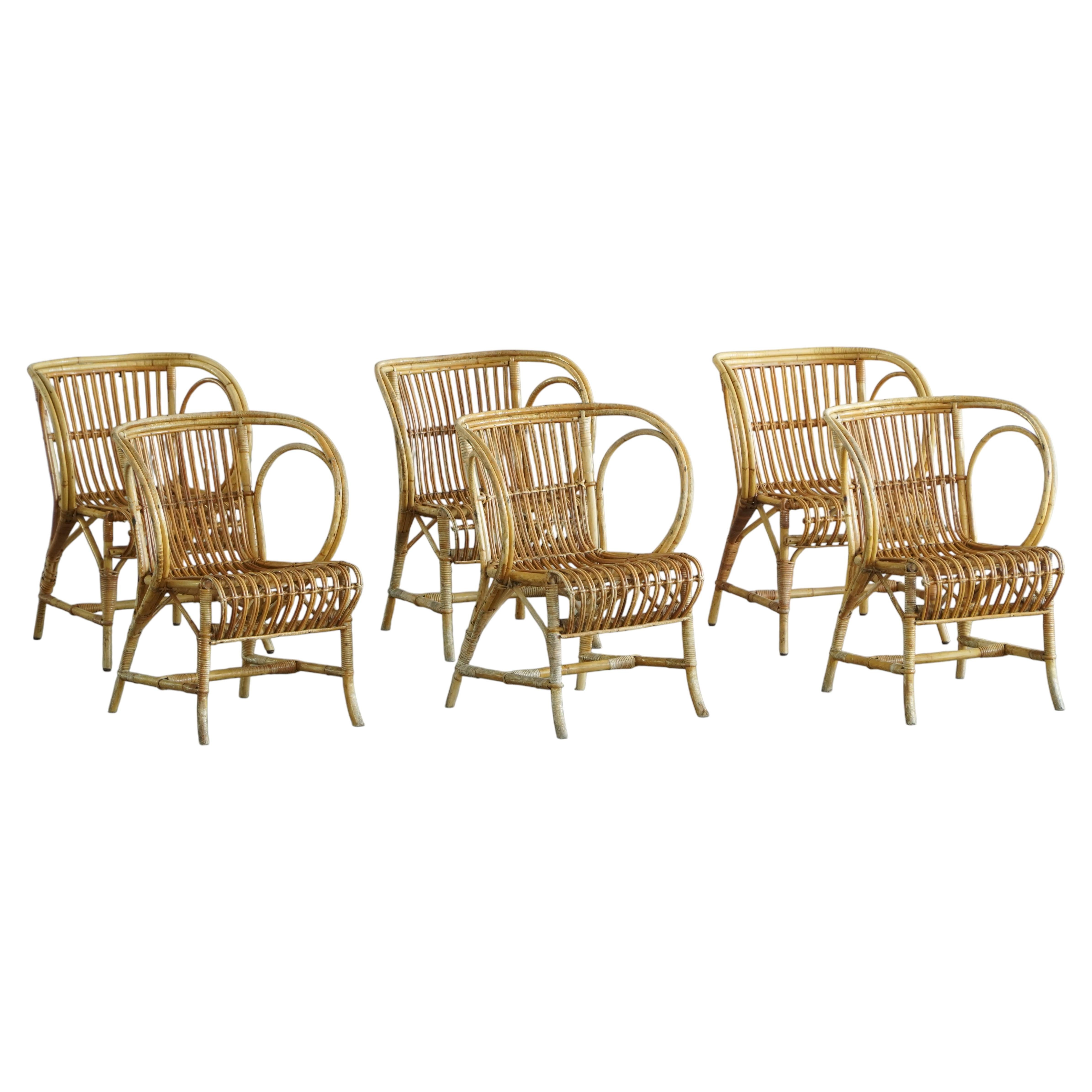 Danish Modern, Set of 6 Bamboo / Rattan Dining Chairs by Robert Wengler, 1930s