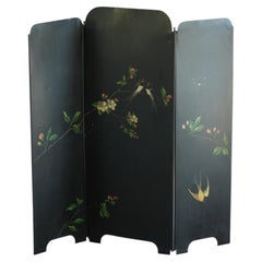 Hand-Painted Iron Folding Screen with Birds and Flowers, Mid-20th Century