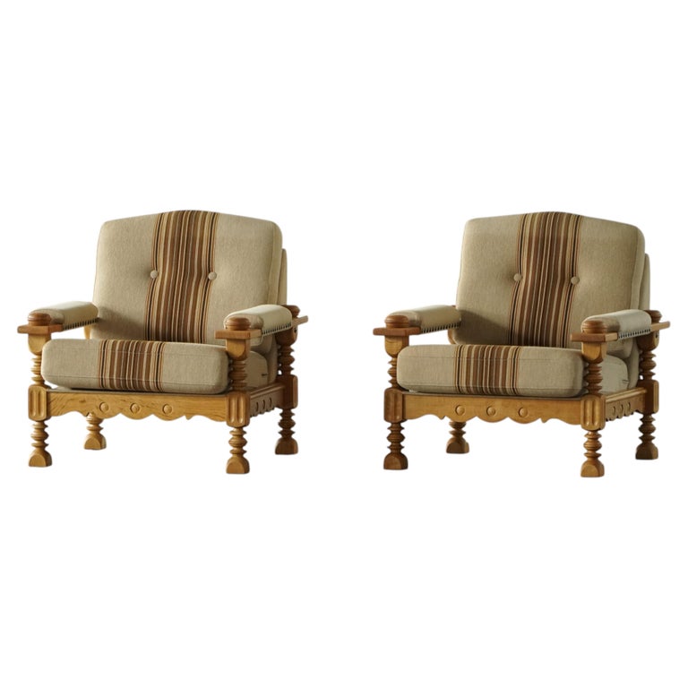 Mid-20th Century, Pair of Lounge Chairs by Henning Kjærnulf, Oak & Wool, 1960s