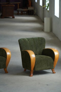 Pair of Danish Art Deco Lounge Chairs, Elm & Green Velvet, 1940s
