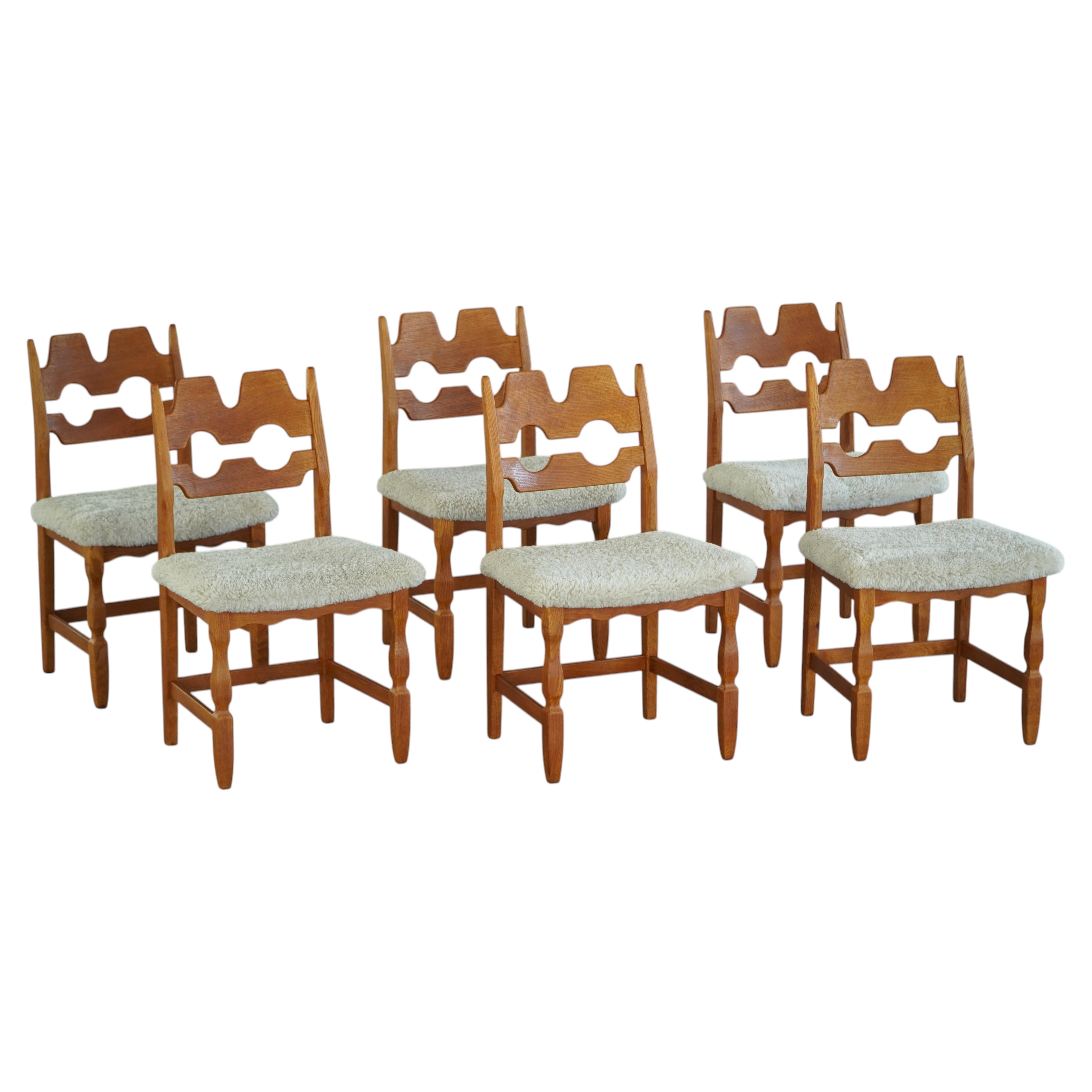 Set of 6 "Razorblade" Chairs by Henning Kjærnulf in Oak & Lambswool, 1960s For Sale