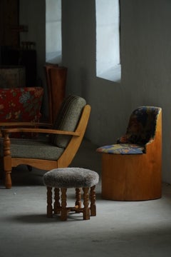 Danish Mid-Century Danish Hexagonal Oak Stool with Lambswool Upholstery, 1950s