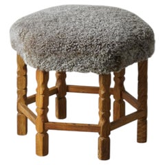 Danish Mid-Century Danish Hexagonal Oak Stool with Lambswool Upholstery, 1950s