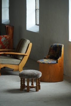 Mid-Century Danish Hexagonal Oak Stool with Lambswool Upholstery, 1950