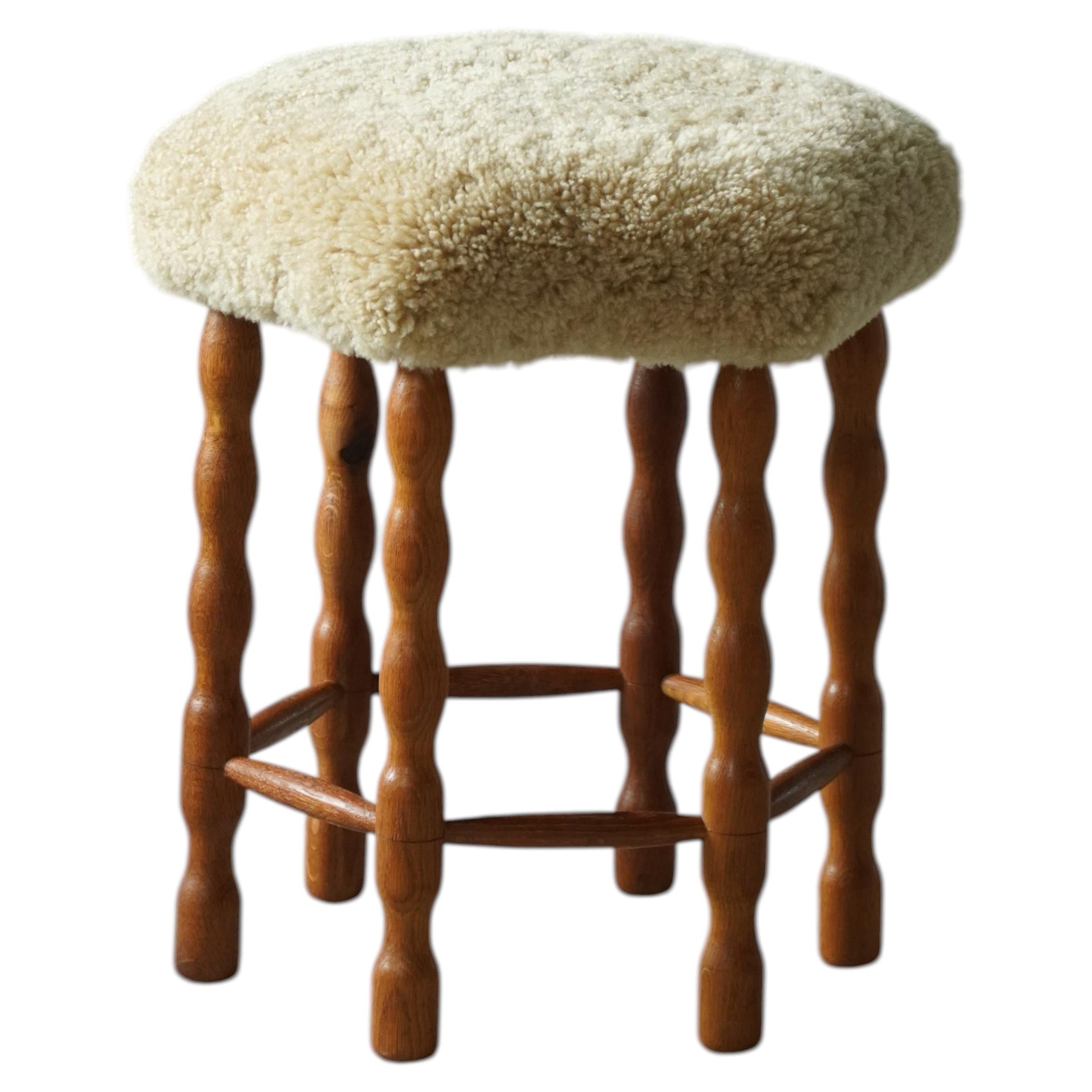 Danish Mid-Century Modern, Oak Stool with Lambswool Seat & Bobbin Legs, 1950s