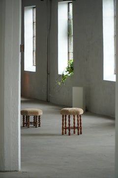 Danish Mid-Century Modern, Oak Stool with Lambswool Seat & Bobbin Legs, 1950s