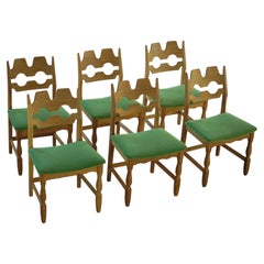 Set of 6 "Razorblade" Chairs by Henning Kjærnulf in Oak & Green Mohair, 1960s