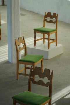 Set of 6 "Razorblade" Chairs by Henning Kjærnulf in Oak & Green Mohair, 1960s