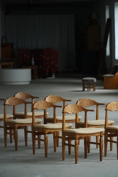 Set of 8 Danish Mid Century Chairs in Oak & Hessian by Henning Kjærnulf, 1960s