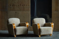 Pair of Danish Art Deco Lounge Chairs in Birch & Shearling Lambswool, 1940s
