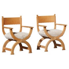 Pair of Henning Kjærnulf “Kurul” Sculptural Oak Armchairs in Lambswool, 1960s