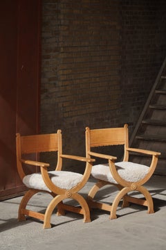 Pair of Henning Kjærnulf “Kurul” Sculptural Oak Armchairs in Lambswool, 1960s