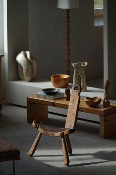 Primitive French Wooden Carved Tripod Chair, Wabi Sabi Style, Early 20th Century
