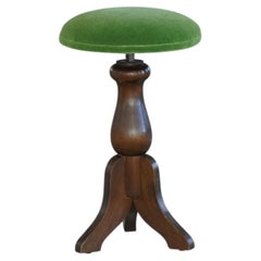 Taburete trípode antiguo y ajustable para piano, de roble y mohair, Dinamarca, principios del siglo XX