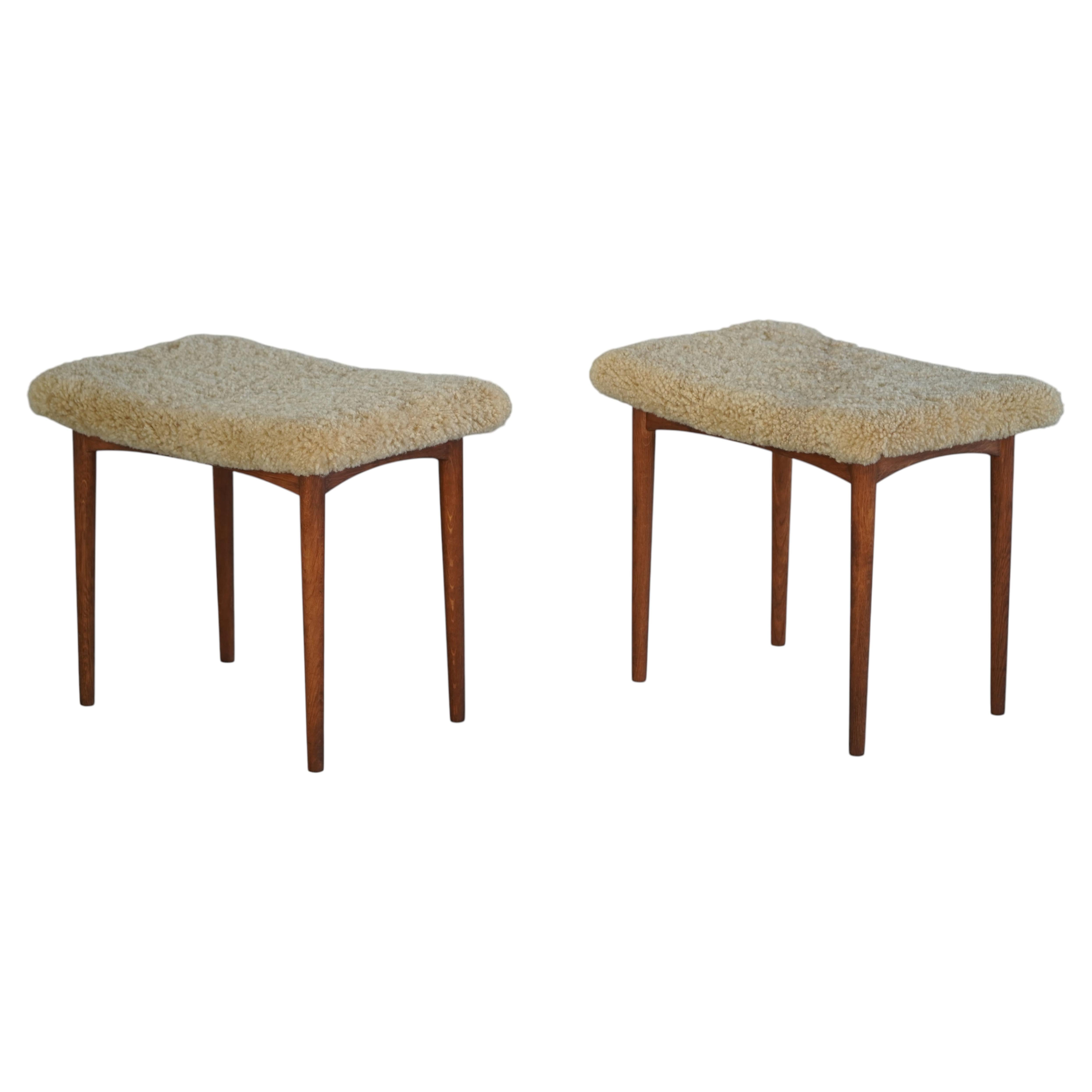 Pair of Danish Mid-Century Modern Stools in Oak & Lambswool, 1960s