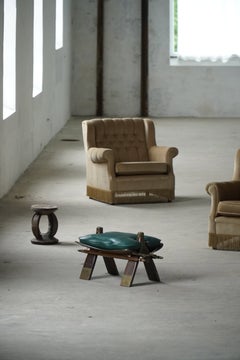 African Camel Saddle Stool, Stained Wood, Brass and Leather, North Africa, 1970s