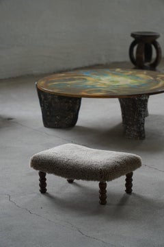 Antique Footstool in Lambswool & Wooden Legs, Denmark, Early 20th Century