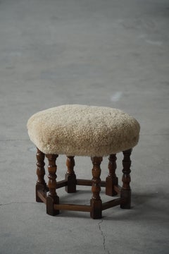 Hexagon Stool, Reupholstered in Lambswool, Danish Modern, 1950s