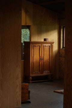 Danish Modern, Brutalist Oak Cabinet with Carved Doors & Decorative Base, 1950s