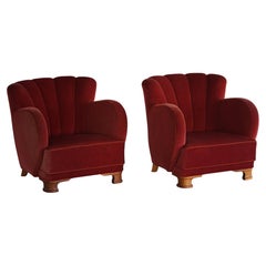 Paire de fauteuils de salon de style « Danish Modern », revêtement en velours rouge, Viggo Boesen, années 1950