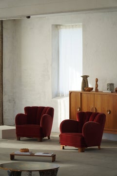 Pair of Danish Modern Lounge Chairs, Red Velvet Upholstery, Viggo Boesen, 1950s