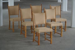Set of 6 Dining Chairs, Oak & Hessian, Henning Kjærnulf, Danish Modern, 1950s