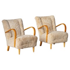 Mid Century Modern, Pair of Swedish Lounge Chairs in Birch & Lambswool, 1960s