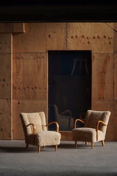 Mid Century Modern, Pair of Swedish Lounge Chairs in Birch & Lambswool, 1960s