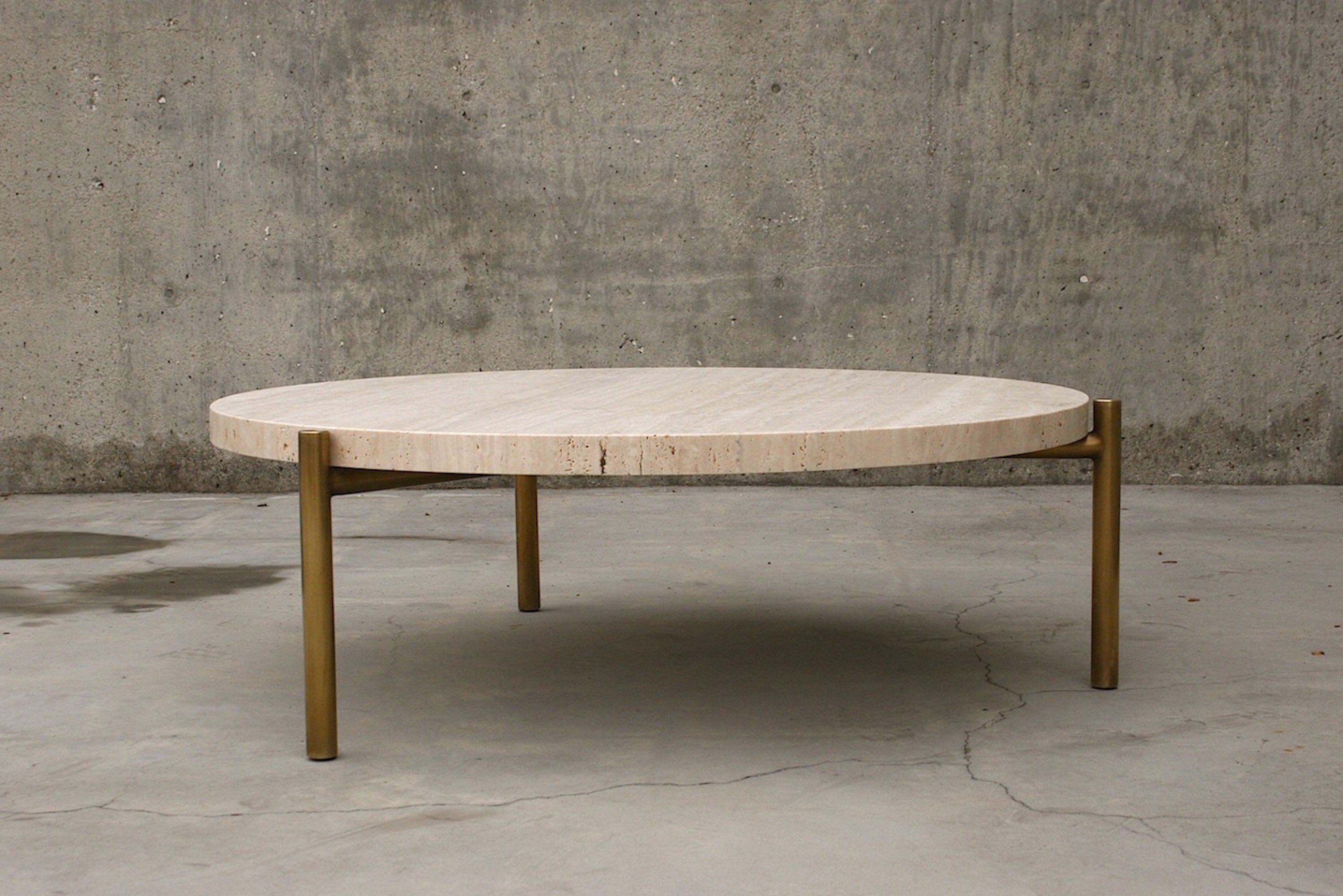 Tivoli Coffee Table 3 Legs Burnished Brass Plated Stainless + Travertine Top 39"