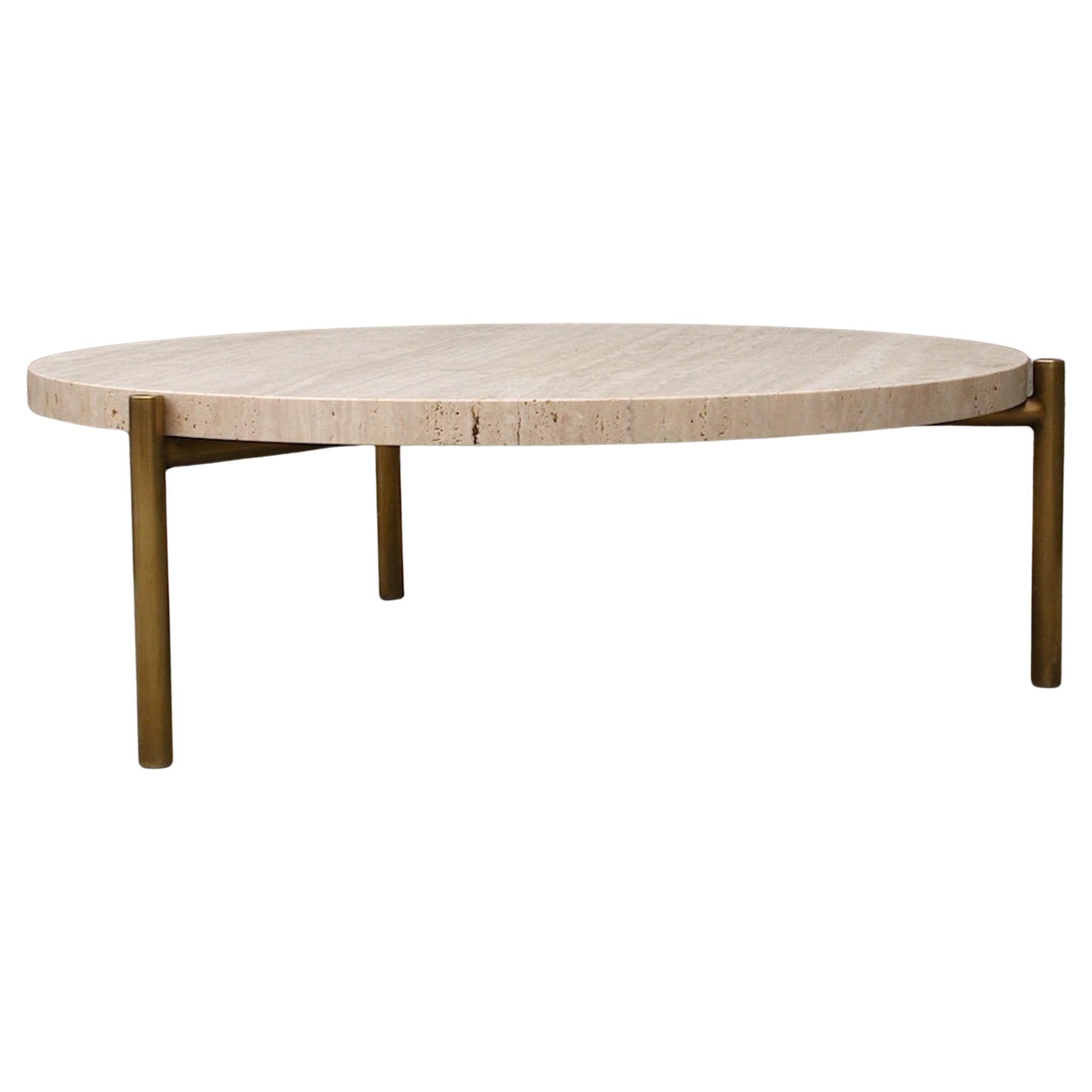 Tivoli Coffee Table; 3 Legs; 39"D Travertine Top; Brass Plated Stainless Base For Sale