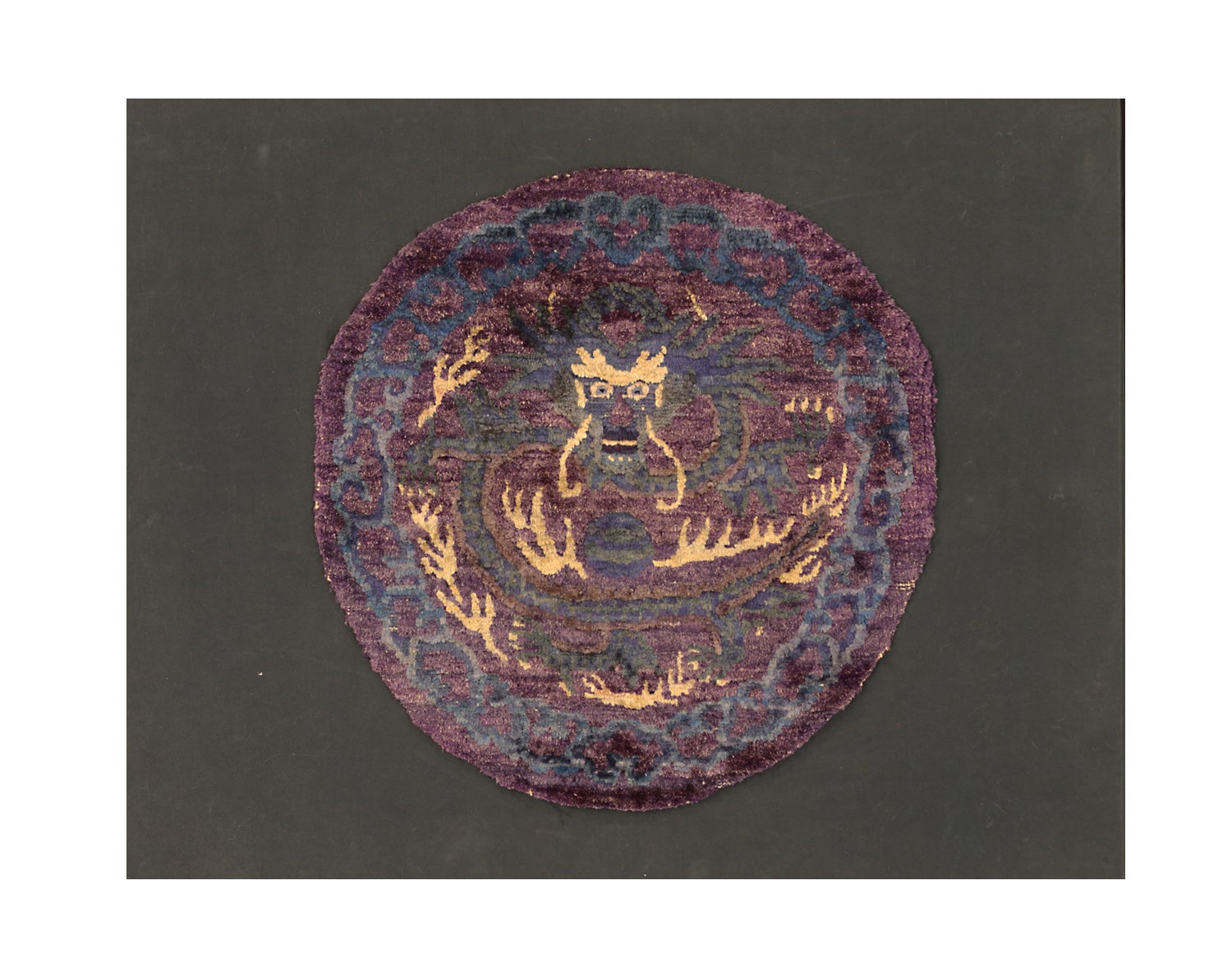 Framed Antique Chinese Peking Dragon Design Purple Silk Rug, 19th Century For Sale