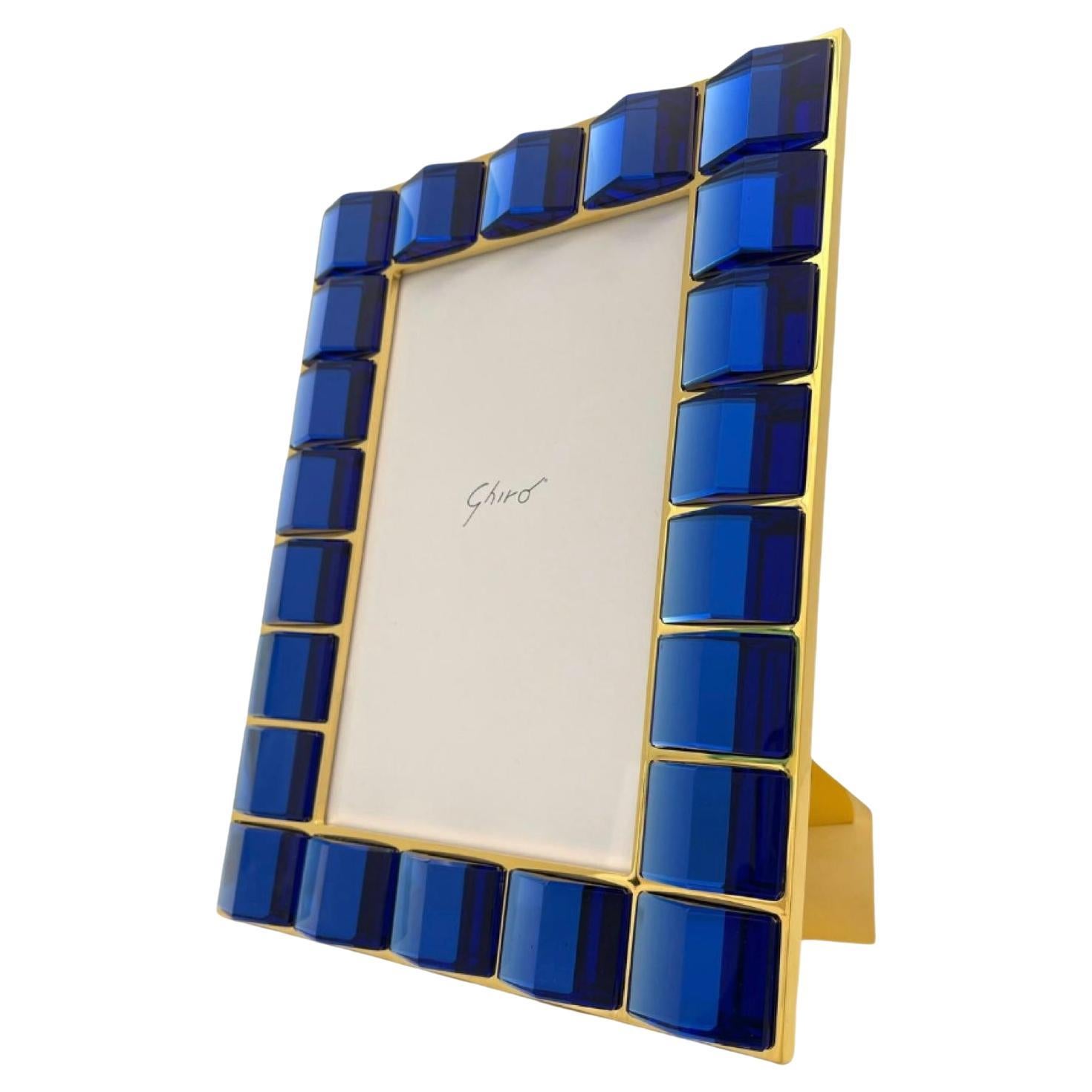 Contemporary Photo Frame in 24kt Gold plated Brass and Handmade Blue Crystal For Sale