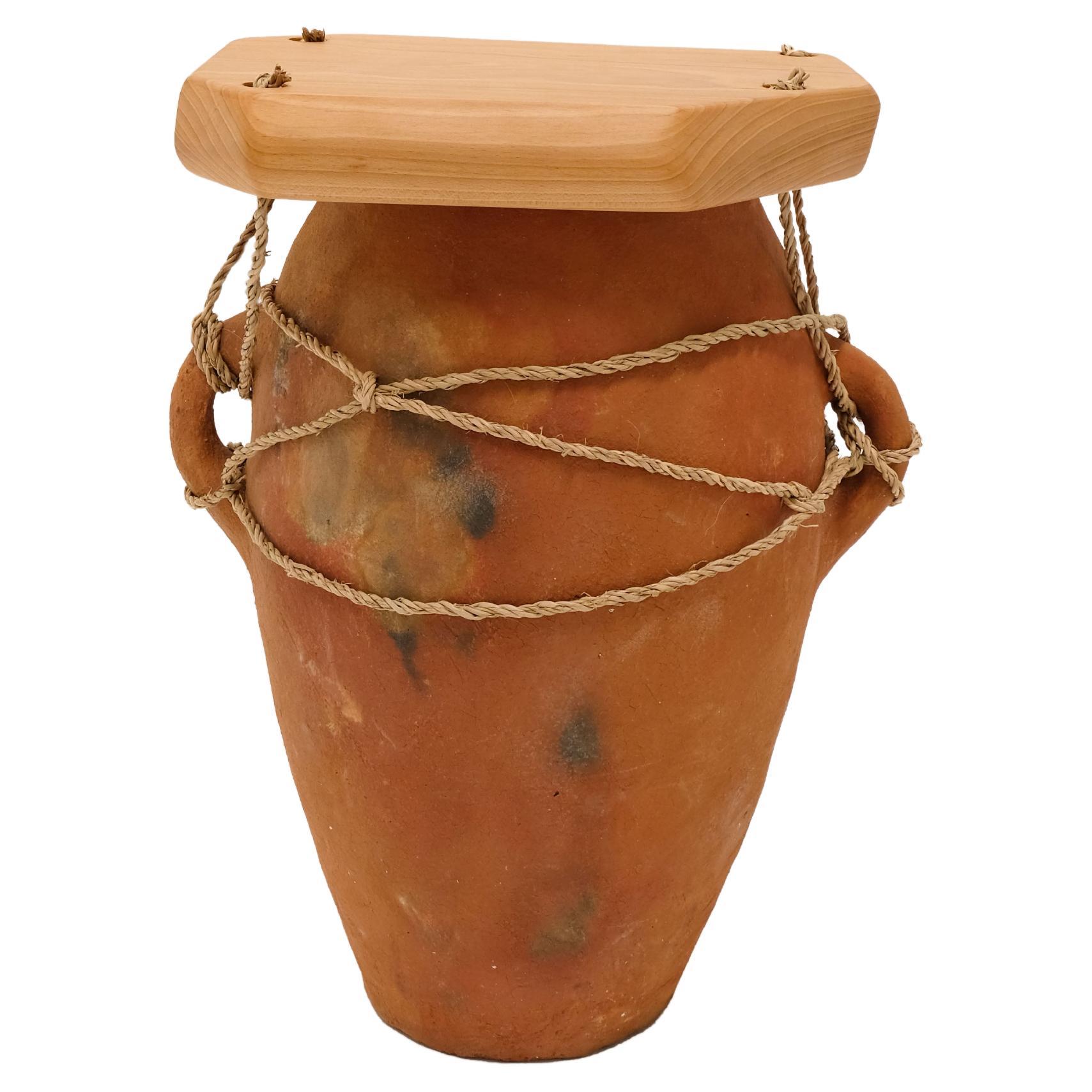 Brown contemporary Bedside Table Made of Clay, Palm Rope and Wood, Handcrafted For Sale