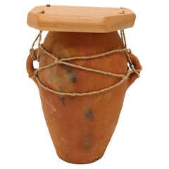 Brown contemporary Bedside Table Made of Clay, Palm Rope and Wood, Handcrafted