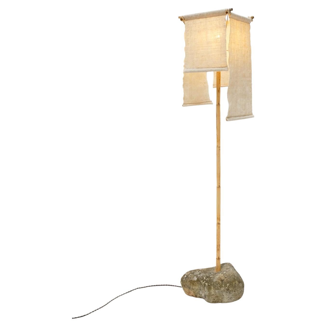 Azru Floor Lamp, Handspun, Handwoven Lampshade, Made of Local Rock & Reed For Sale