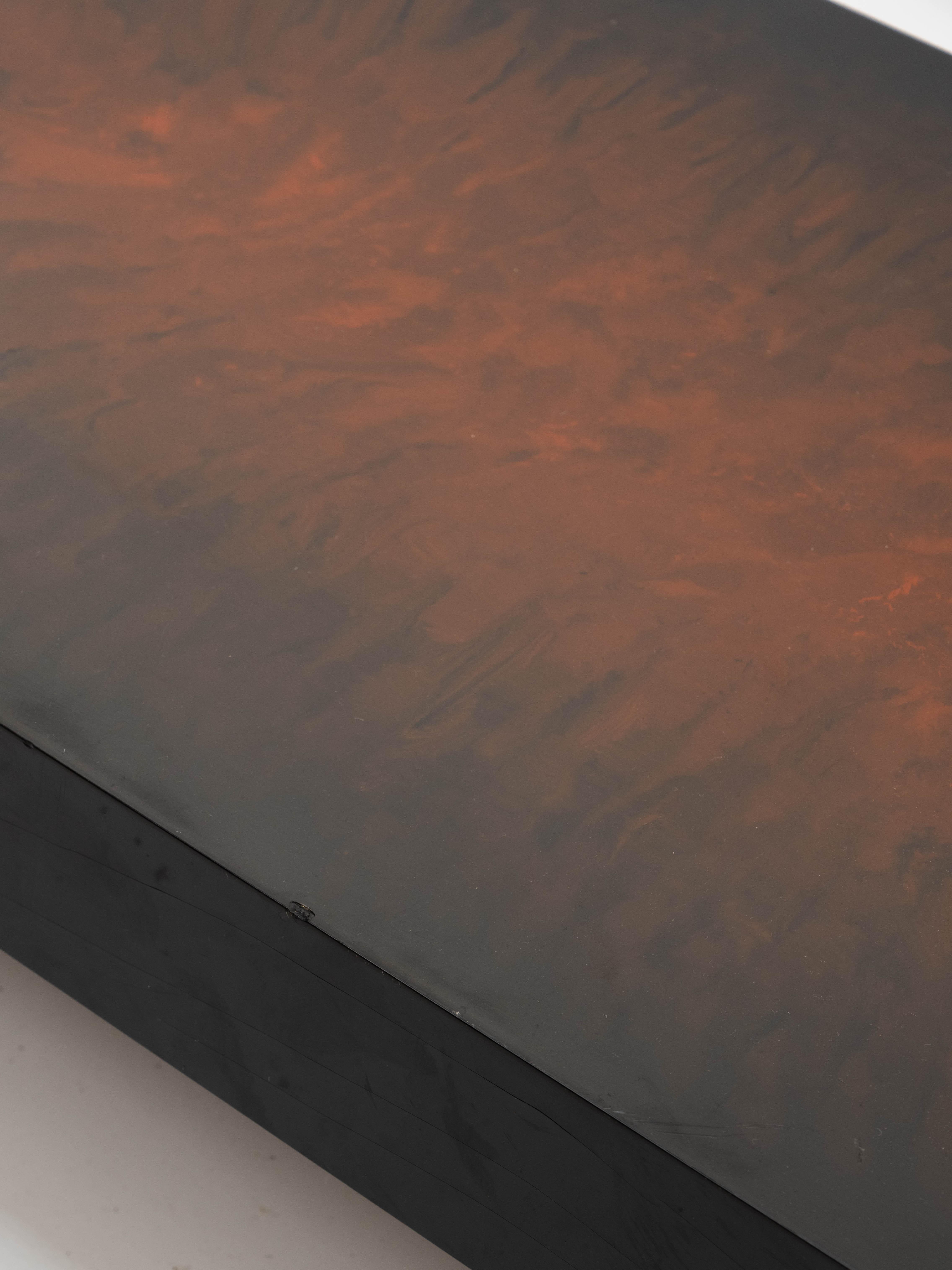 Wood Rectangular coffee table in flame-lacquered wood, 1980's For Sale