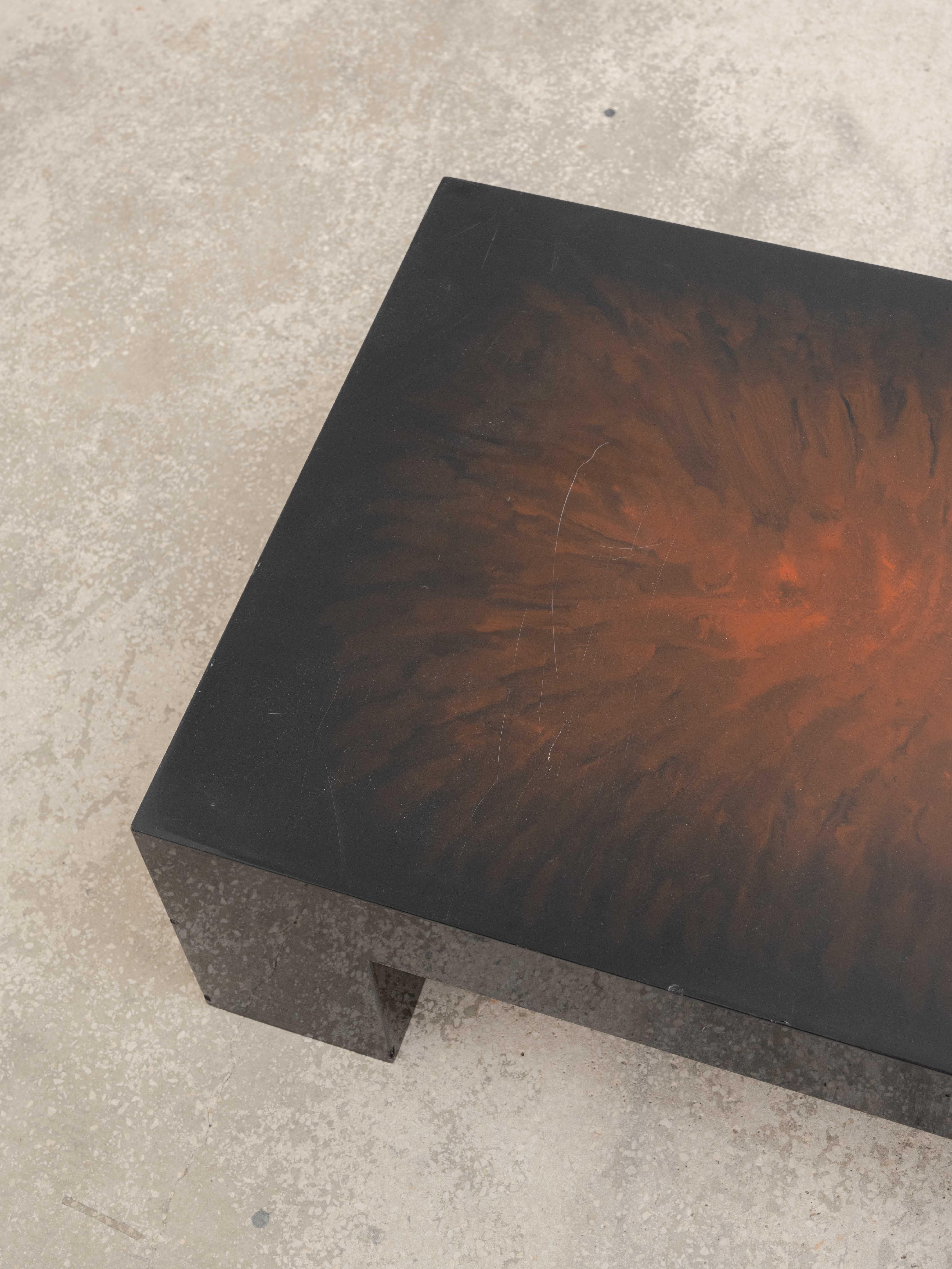 Rectangular coffee table in flame-lacquered wood, 1980's For Sale 11