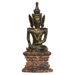 18th Century, Shan, Antique Burmese Wooden Seated Crowned Buddha
