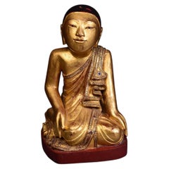 19th Century, Antique Tai Yai Burmese Wooden Seated Disciple / Monk