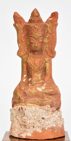 15th Century, Ava, Antique Burmese Pottery Seated Crowned King Buddha