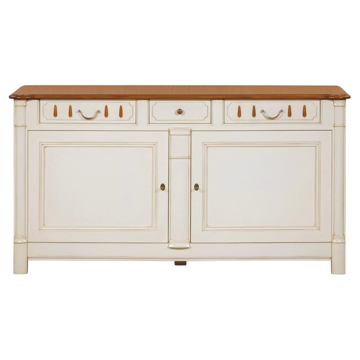 Buffet 2 portes French Tradition en merisier, 3 Tiroirs et laqué blanc-crème