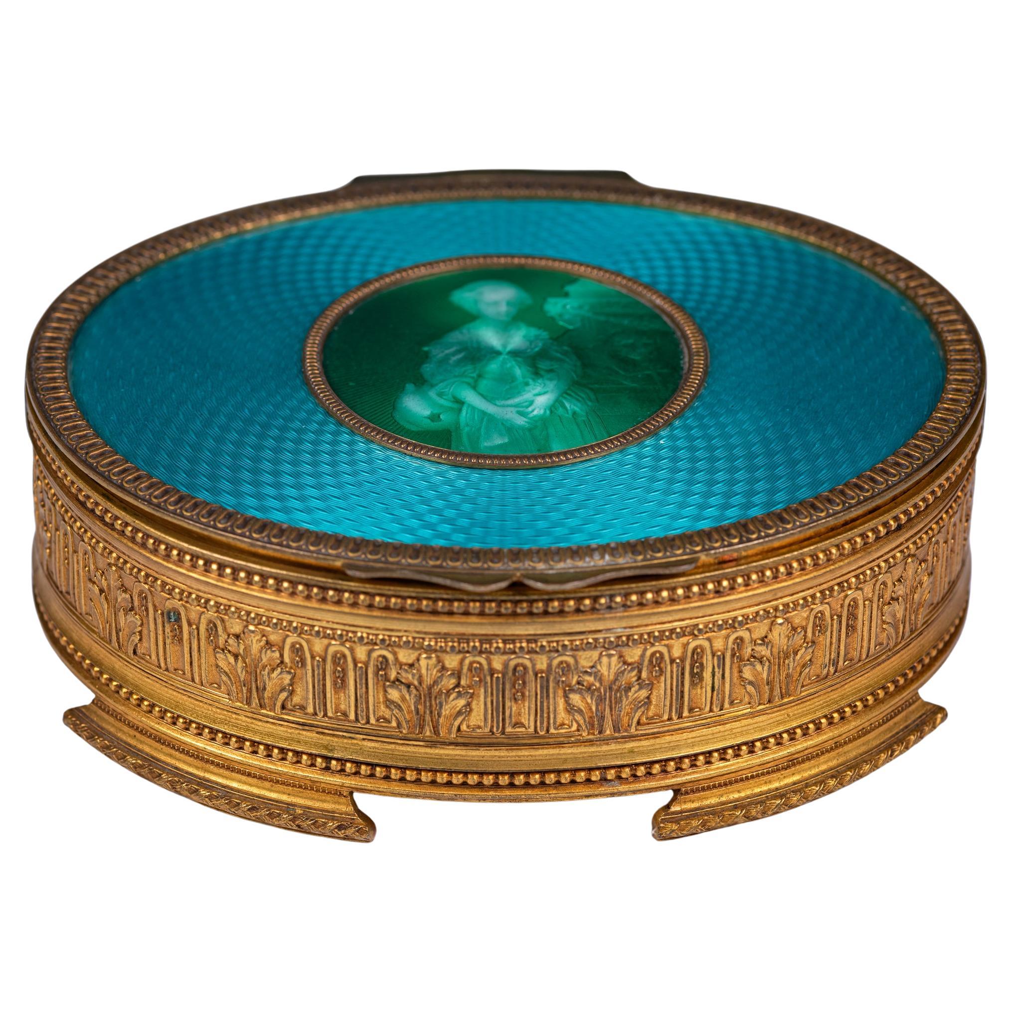 19th Century French Gilt Bronze and Guilloché Enamel Portrait Box For Sale