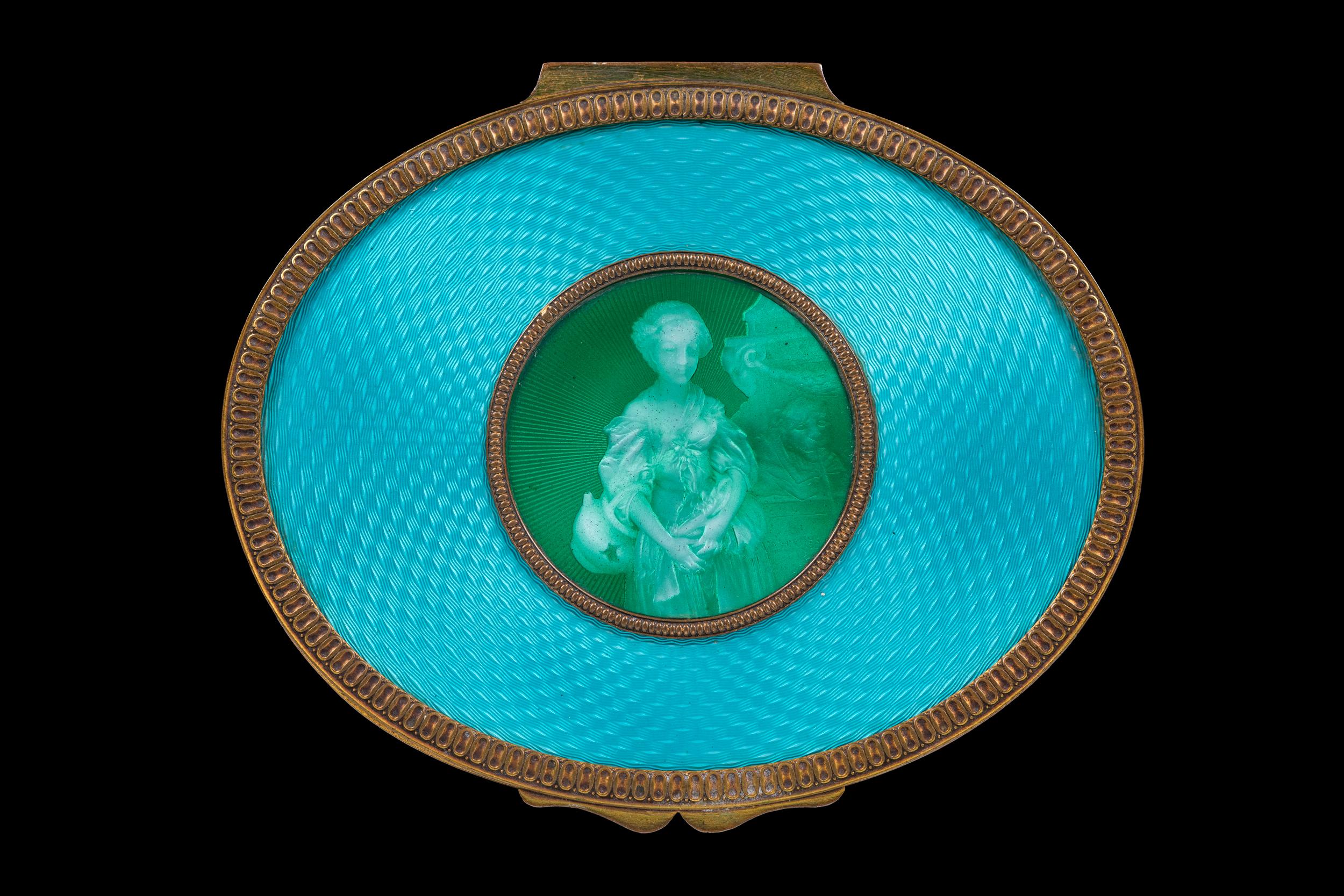 Hand-Crafted 19th Century French Gilt Bronze and Guilloché Enamel Portrait Box For Sale