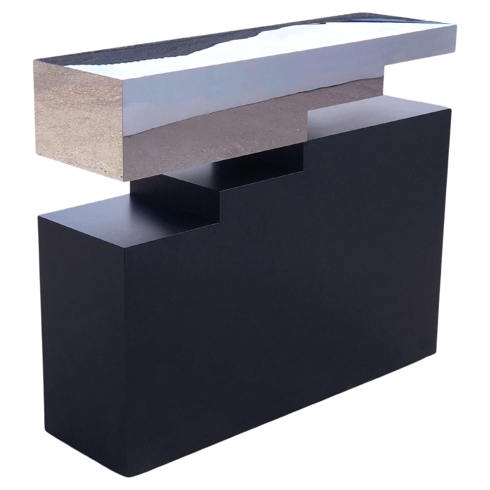 Modern, Brutalist Console Table in Mirror Polished Steel and Black