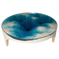 Modern Round Coffee Table in Birch Wood and Glass